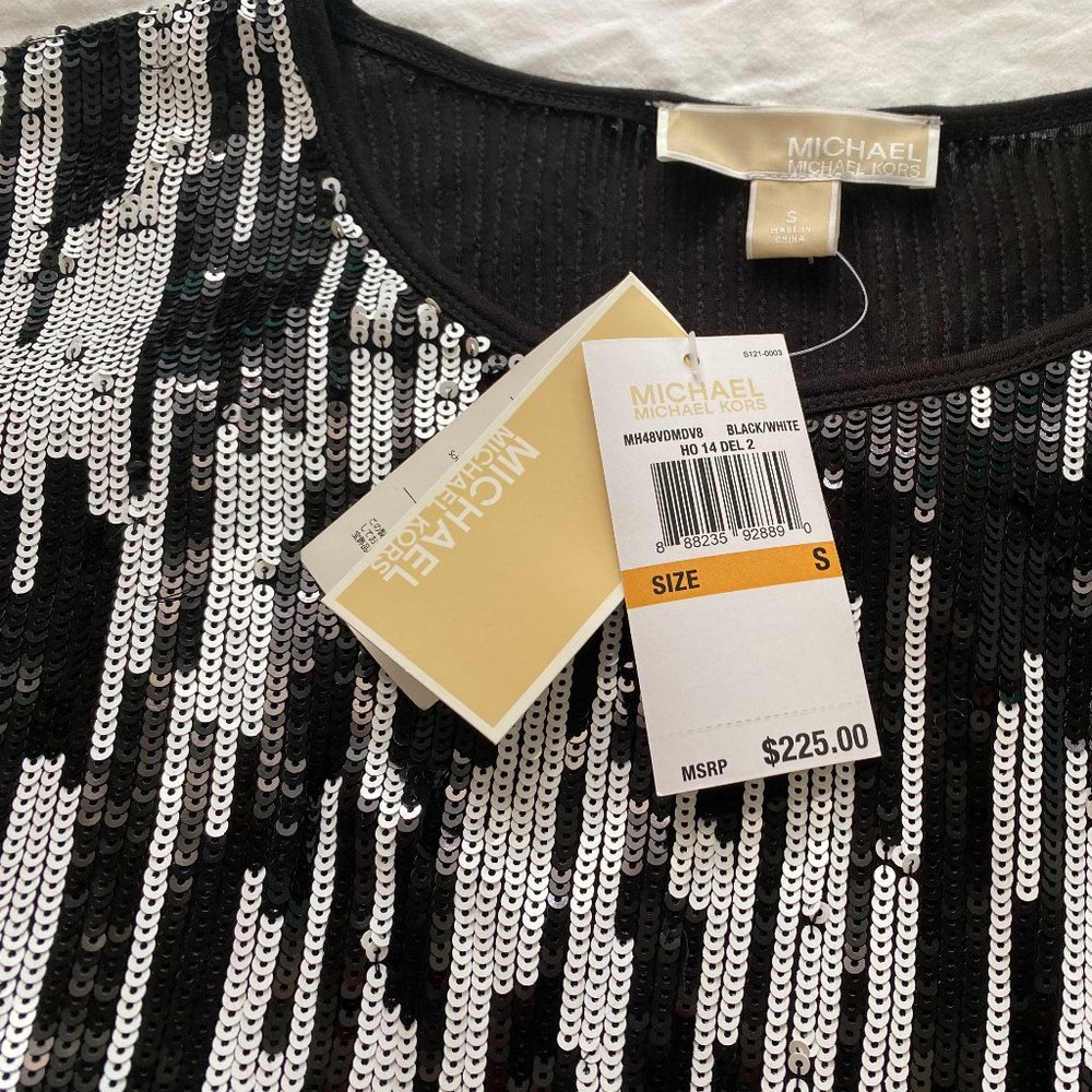 NWT Michael Kors black white long sleeve sequin shift dress Size Small